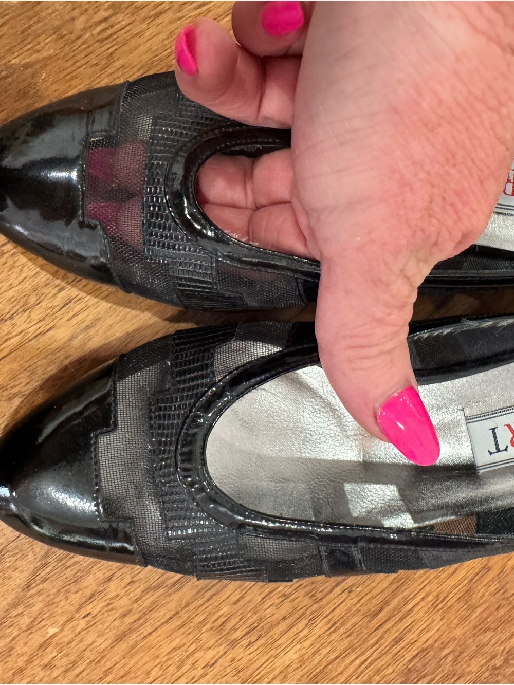 Vintage Black Mesh and Patent Slip-On Flats, leather sole, Sz 7.5